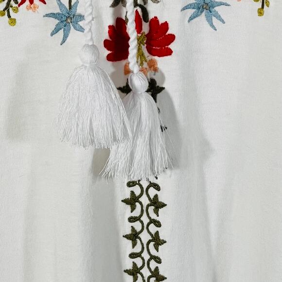 J.Jill Embroidered Floral Peasant Tunic Top White Tassel Tie 3/4 Sleeve Medium - Picture 9 of 13